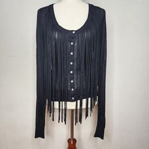 NWT‎ Charlotte Tarantola Black Fringe Front Cardigan Size Medium